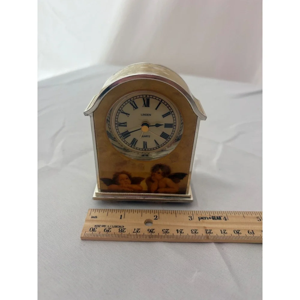 Linden Quartz Alarm Clock Raphael Cherubs Angels Roman Numerals Gold Silver Tone